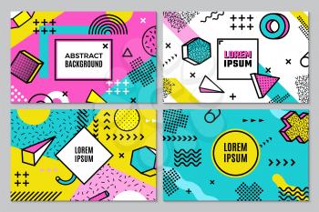 Memphis banners. Abstract geometric background, funky pop art style vector flyers template. Contemporary template poster, pattern colored futuristic illustration
