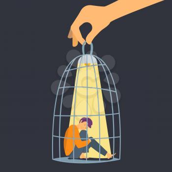 People in cage. Depressed man, hand holding cell with sad boy and lamp. Mental disorder, fear or violence vector metaphor. Illustration depression and psychological control, disorder emotion