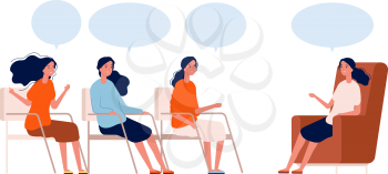 Psychotherapy group. Women consultation with therapist, coaching or discussion club. Female help meeting vector concept. Illustration psychotherapy woman group, psychology and psychiatry support