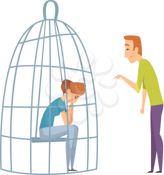 Sad woman in cage. Domestic violence, man laughing sad girl. Wife husband, unhealthy family vector illustration. Girl in cage, woman loneliness, alone character concept