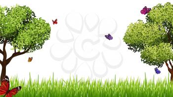 Spring background. Realistic green grass meadow, tree and flying butterfly. Easter, blooming season vector banner template. Grass meadow summer, lawn green with colored butterfly illustration