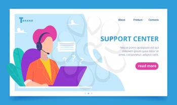Support service landing. Web business page person speaking phone digital customers vector template. Support service online, help customer, assistance web call illustration