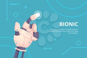Robot hand pointing. Bionic gestures digital hand touching on screen holographic button futuristic concept vector illustration. Prosthetic artificial showing finger, intelligence android