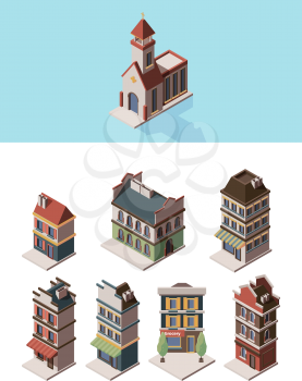 Historic buildings. Old vintage 3d houses and retro construction objects vector isometric collection. Illustration historic old vintage 3d facade, residential block living