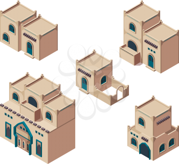 Arabic houses. Isometric sandy authentic old buildings isometric antique arab construction vector set. Exterior african isometric building illustration