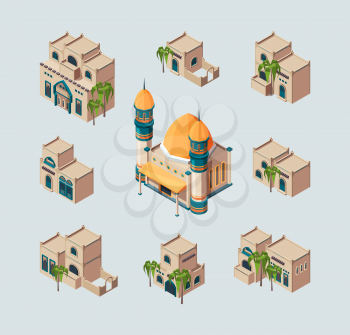 Traditional arabic buildings. Eastern sandy desert cultural authentic houses vector isometric collection. Illustration arabic mosque and isometric authentic house