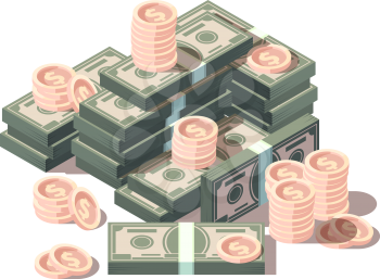 Money hills. Dollars and coins finances isometric symbols vector business concept. Dollar financial investment, money pile, illustration wealth income