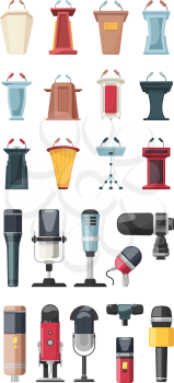 Conference stage. Podiums for speakers business tribune with microphones fashion audience vector. Illustration stage seminar and speaker, podium meeting