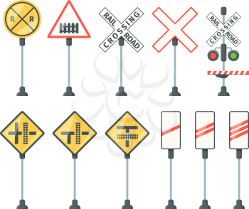 Railway signs. Train barriers traffic light specific symbols road direction arrows and banners vector flat pictures. Illustration road railway sign, light traffic signal
