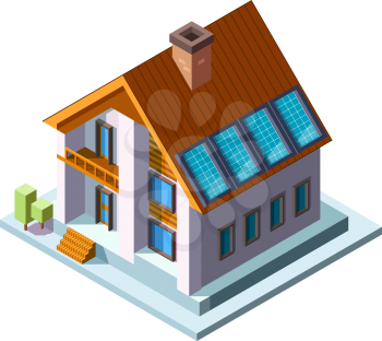 Solar panels on roof. Green eco energy sunny economy photovoltaic panels vector isometric house. Panel solar, energy alternative electricity power illustration