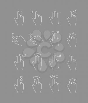 Touch screen gestures. Hands signs touch mobile devices multi drop scrolling vector line icon. Illustration hand gesture slide, point arrow finger