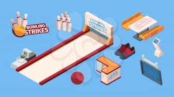 Bowling isometric. Sport leisure fun club for bowling players balls shoes skittles trophy cup vector set. Illustration bowling game, leisure sport isometric equipment