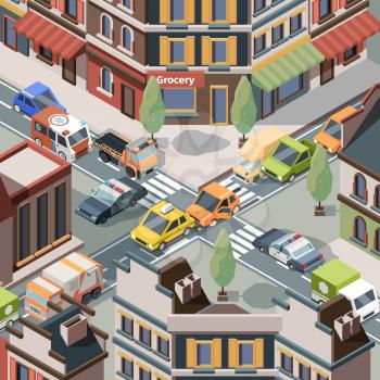 Crossroad accident. Injury trouble urban cars police crash transport on road bus traffic vector isometric. Road car accident intersection, crossroad traffic crash illustration