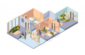 Hostel interior. Different rooms in hotel for students bedrooms restroom dining room with guest relaxing travellers vector isometric illustration. Hostel interior and hotel room with furniture