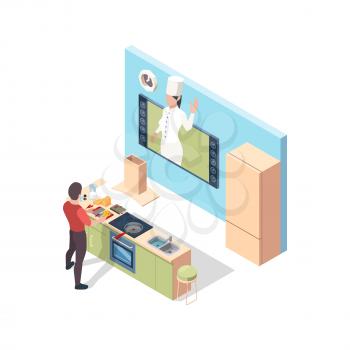 Cooking online. Preparing food broadcasting lesson chef teaching in kitchen online vector isometric concept. Illustration cooking online, kitchen application and homemade