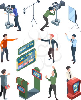 Game tv show. Question tv quiz playing participant isometric characters standing near tribunes with buttons answers vector. Illustration entertainment smart tv show