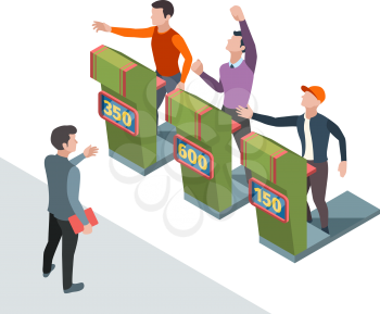 Tv quiz participant. People pushing buttons and answer questions in smart game entertainment vector isometric. Illustration show quiz, competition entertainment cartoon