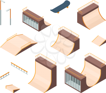 Skate park. Isometric outdoors active characters skateboarders trampoline railings teenagers athlete workout club vector collection. Outdoor skateboarding isometric, skateboard exercise illustration