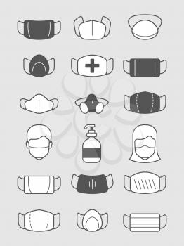 Pollution mask symbols. Medical protection icon treatment man with face shield or mask viruses vector set. Medical mask protective equipment illustration