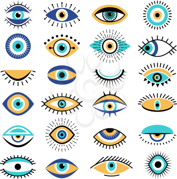 Evil eyes symbols. Illuminati tattoo graphic sketch hipster ethnic traditional vector pictures. Illuminati occult alchemy and esoteric spiritual amulet