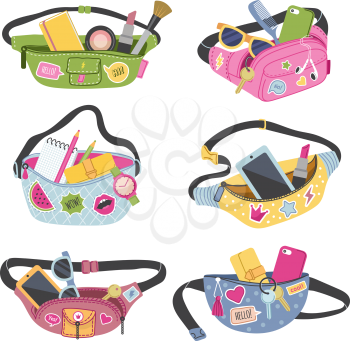 Trendy waist bags. Fashioned fancy wallets for belt with personal accessories phone money cards vector illustrations. Wallet waist, bag pocket belt