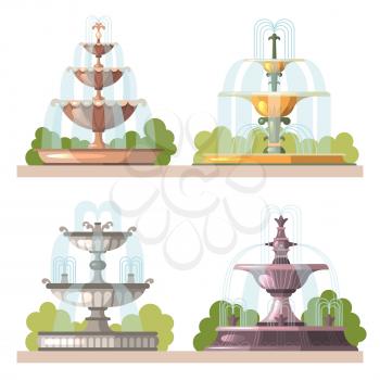 Fountains. Water beauty decorative constructions for gardens outdoor park vector cartoon illustrations. Waterfall stream collection for decoration park