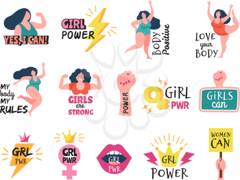 Girls badges. Feminist tags women powerful trendy sticker 80s style girl body positive logotype vector. Woman motivational typography, feminine sticker print illustration