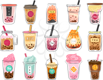 Bubble tea doodles. Dessert asian drinks in plastic cups delicious cold mocha freshness tea vector illustrations set. Cup tea ice bubble, cafe menu
