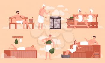 Sauna bathing. People relaxing in public sauna and washing room wellness spa body recreation pool activities vector people. Spa sauna finnish, recreation bathing, bathhouse and massage illustration