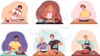 Preparing food. Characters cooking in kitchen happy people baked professional or family chef vector illustrations. Illustration woman cooking and preparing food