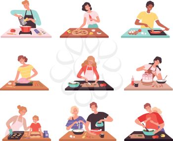 People cooking. Happy smile characters preparing product in kitchen family cuisine catering service vector set. Illustration happy people cooking together, preparing pizza or chicken