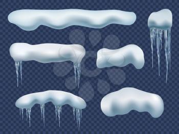 Snow cap realistic. Creativity beauty ice elements snow winter shapes icicles vector set. Illustration ice frost effect, realistic horizontal frozen snowy cap