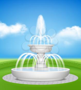 Fountain in garden. Water jet splashes spray on decorative grass outdoor realistic fountains vector background. Illustration fountain architecture for park outdoor or garden design