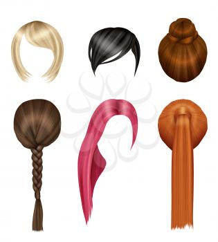 Hairs women. Glamour beauty girls short and long hairs blonde brunette red vector realistic set. Haircut attractive stylish, different trendy hairstyle illustration