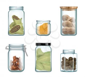 Kitchen seasoning. Spices in glass bottles and jar gourmet herbs for cooking vector natural products realistic set. Natural glass container for spice, package utensil to cooking illustration