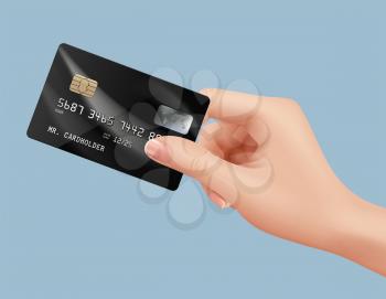Plastic card in hand. Businessman holding financial banking debit card people nfs paying vector realistic illustrations. Finance identity card, banking shopping tool for retail