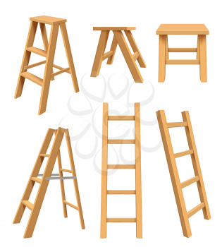 Wooden ladders. Interior household equipment standing on tools for home library step ladder for bookshelf vector realistic illustrations. Stepladder folding, interior comfortable construction