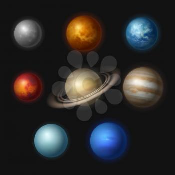 Planet systems. Realistic universe objects stars systems astronomy moon gravity jupiter vector collection. Illustration mars and jupiter, realistic solar planetary cosmos
