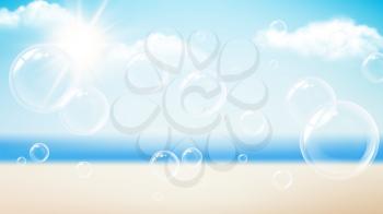 Transparent bubbles. Summer vacation background, beach ocean sun day. Flying soap foam, water bubble vector banner. Transparent realistic bubble, translucent blowing illustration