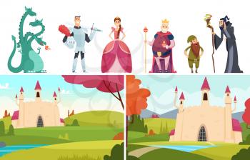 Book heroes. Fairy tale stories, castle landscapes dragon prince and princess. Royal family vector characters. Illustration fairy tale cartoon, story medieval