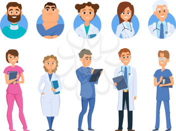 Doctors characters. Nurse medical staff avatars, isolated cartoon hospital team vector set. Illustration team doctor staff, professional surgeon and worker
