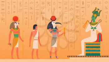Egypt mural. Cultural ancient characters painting on wall historical egyptian background with gods osiris pharaoh anubis exact vector set. Illustration egyptian hieroglyph, pharaoh egyptology