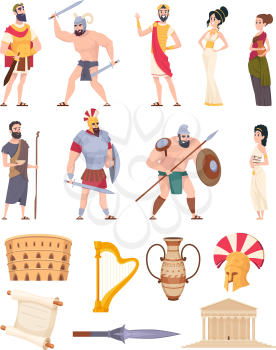 Rome elements. Cultural ancient traditional objects and architectural constructions historic characters coliseum warriors and rome vector. Illustration ancient character, antique civilization
