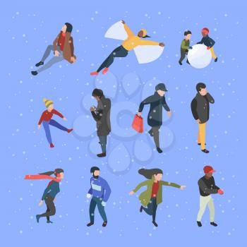 Winter isometric people. Male and female characters in clothes in winter season garish vector illustrations. Female and male activity winter season