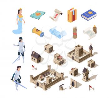 Medieval isometric buildings. Fairytale symbols warrior knights fortress spellbooks garish vector fantasy collection. Medieval isometric palace, castle building for game illustration