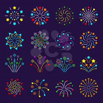 Flat fireworks. Celebration burst stars entertainments birthday gift symbols recent vector fireworks icons collection. Illustration festival color fireworks, anniversary and xmas salute