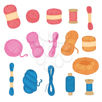 Threads collection. Sewing handicraft items tangle threads from woolen neoteric vector cartoon objects. Handmade and knitting, homemade diy from colored threads illustration