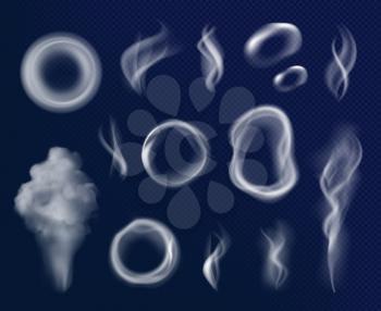 Cigarettes smoke circles. Gray flowing steam shapes fumes toxic smoke decent vector realistic templates. Illustration smoke toxic from cigarette, curve transparent smoking air