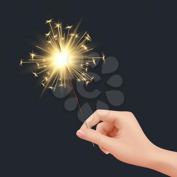 Bengal light in hand. Xmas celebration fireworks birthday glow sparks decent vector realistic template. Fire bengal to birthday burning, sparkler christmas illustration