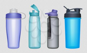 Sport bottles. Realistic fitness accessories water bottles protein decent vector mockup collection. Fitness bottle sport container, mockup drink flask illustration